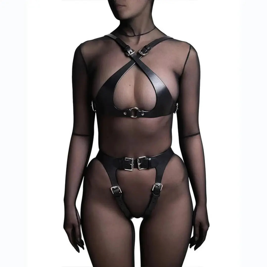 Sens Fantezi İç Giyim Vegan Deri Erotik Alt Üst Takım Seksi Harness Set - J784