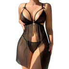 Sens Fantezi İç Giyim Fiyonk Detaylı Dantel Sütyen Uzun Yırtmaçlı Seksi Gecelik İç Çamaşır Babydoll Set Siyah - 7057
