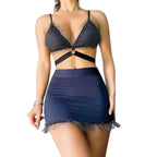 Sens Fantezi İç Giyim Mini Etekli Tül Detaylı Bel Bantlı Şık Fantezi Elbise Lacivert - 1036