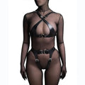 Sens Fantezi İç Giyim Vegan Deri Erotik Alt Üst Takım Seksi Harness Set - J784