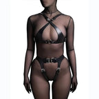 Sens Fantezi İç Giyim Vegan Deri Erotik Alt Üst Takım Seksi Harness Set - J784