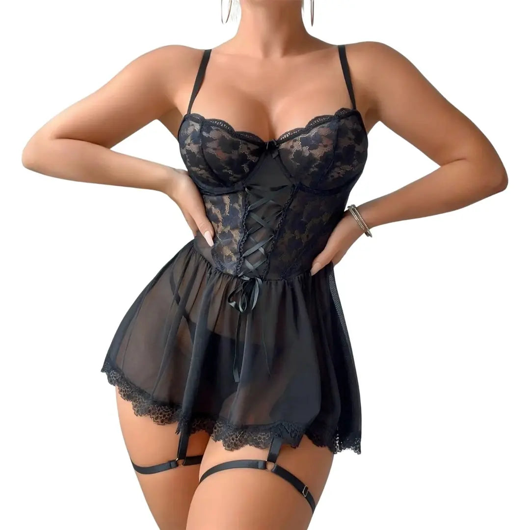 Sens Fantezi İç Giyim Push Up Bust Line Dantel İp Detaylı Seksi Babdyoll Jartiyer Kemerli Erotik Gecelik Siyah  - 7053