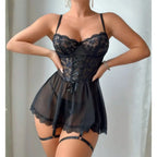 Sens Fantezi İç Giyim Push Up Bust Line Dantel İp Detaylı Seksi Babdyoll Jartiyer Kemerli Erotik Gecelik Siyah  - 7053