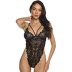 Sens Fantezi İç Giyim Çiçek Desenli Askılı Kurdeleli Seksi Dantel Bodysuit Full Lace Erotik Gecelik - 4337