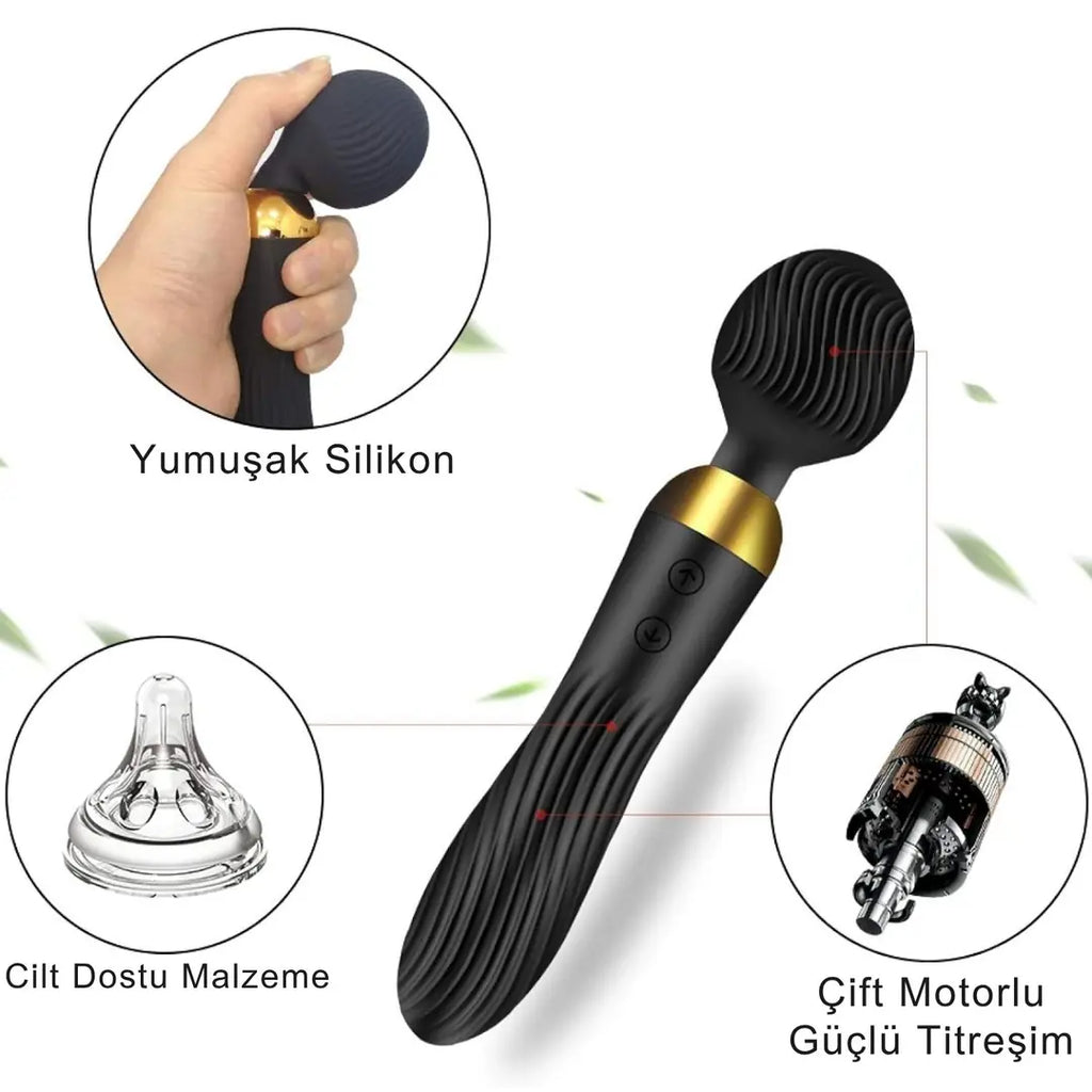 Massage Stick - Şarjlı Su Geçirmez Çift Motorlu Çift Yönlü Kullanım G Spot ve Klitoris Uyarıcı Wand Masaj Vibratör