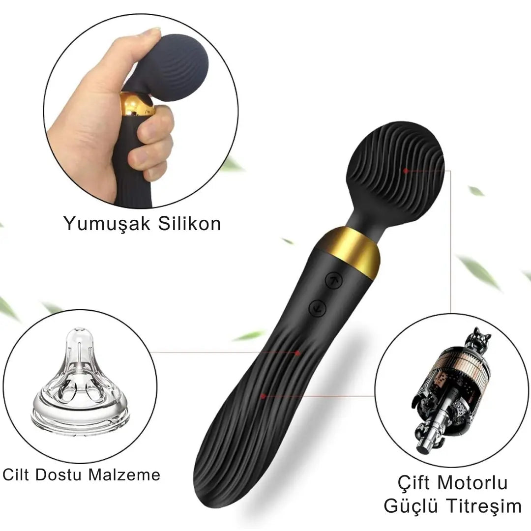 Massage Stick - Şarjlı Su Geçirmez Çift Motorlu Çift Yönlü Kullanım G Spot ve Klitoris Uyarıcı Wand Masaj Vibratör