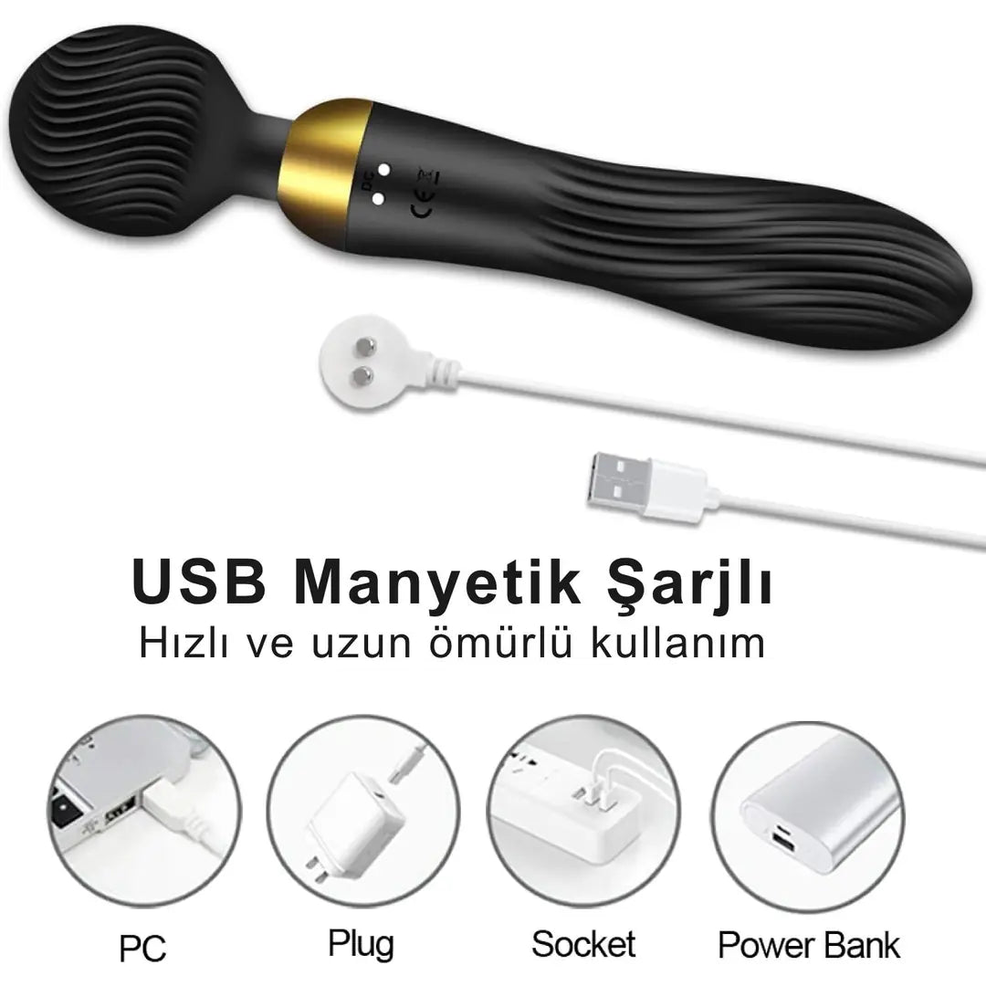 Massage Stick - Şarjlı Su Geçirmez Çift Motorlu Çift Yönlü Kullanım G Spot ve Klitoris Uyarıcı Wand Masaj Vibratör