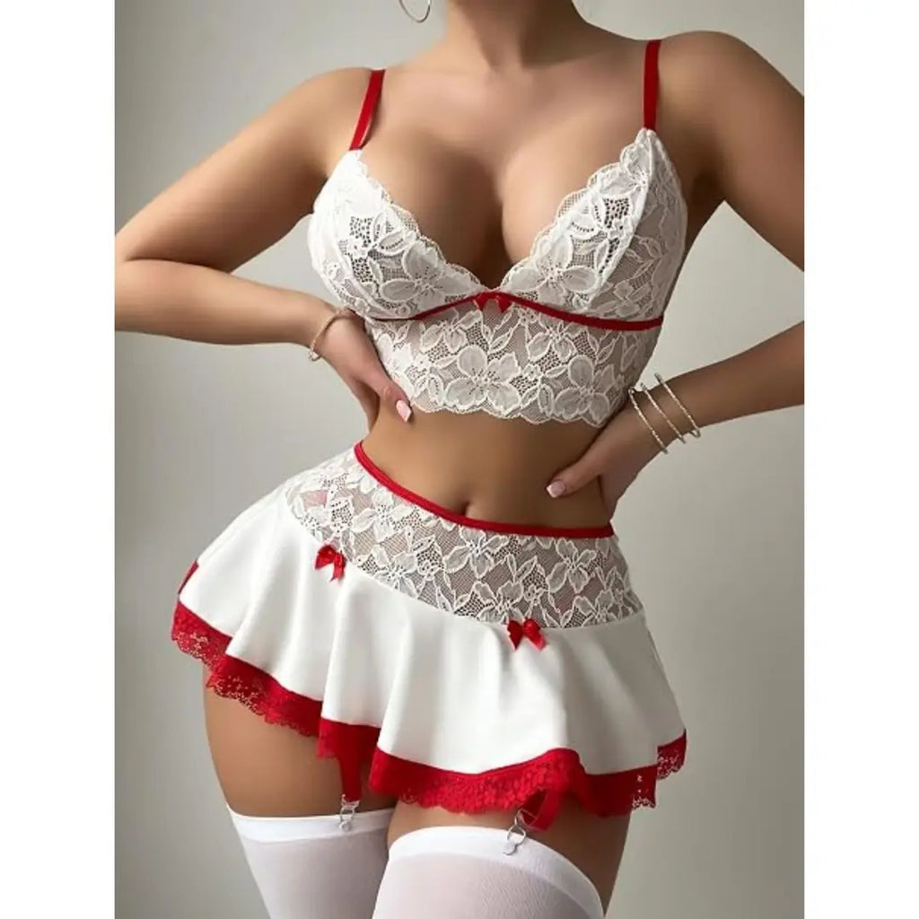 Sens Fantezi İç Giyim Dantel Büstiyer Seksi Etek Jartiyer Set Erotik Alt Üst Takım Beyaz - 7047