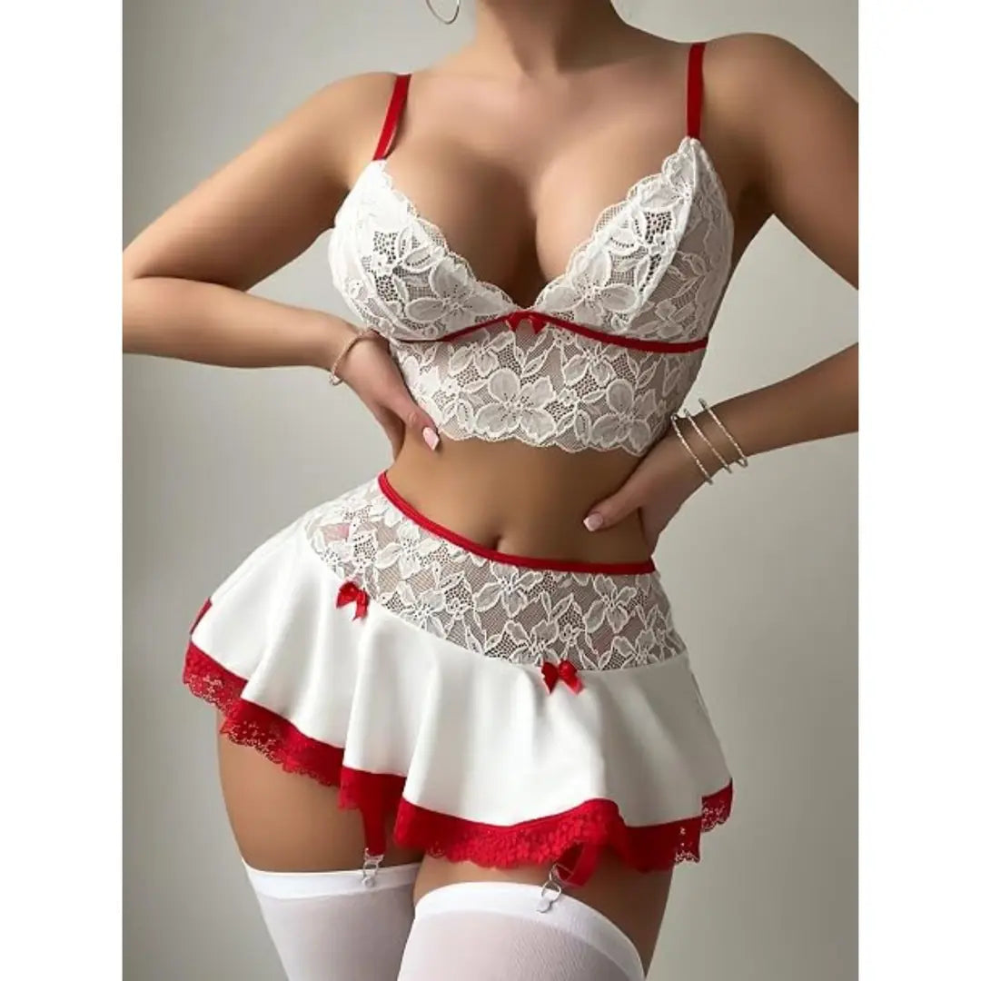 Sens Fantezi İç Giyim Dantel Büstiyer Seksi Etek Jartiyer Set Erotik Alt Üst Takım Beyaz - 7047