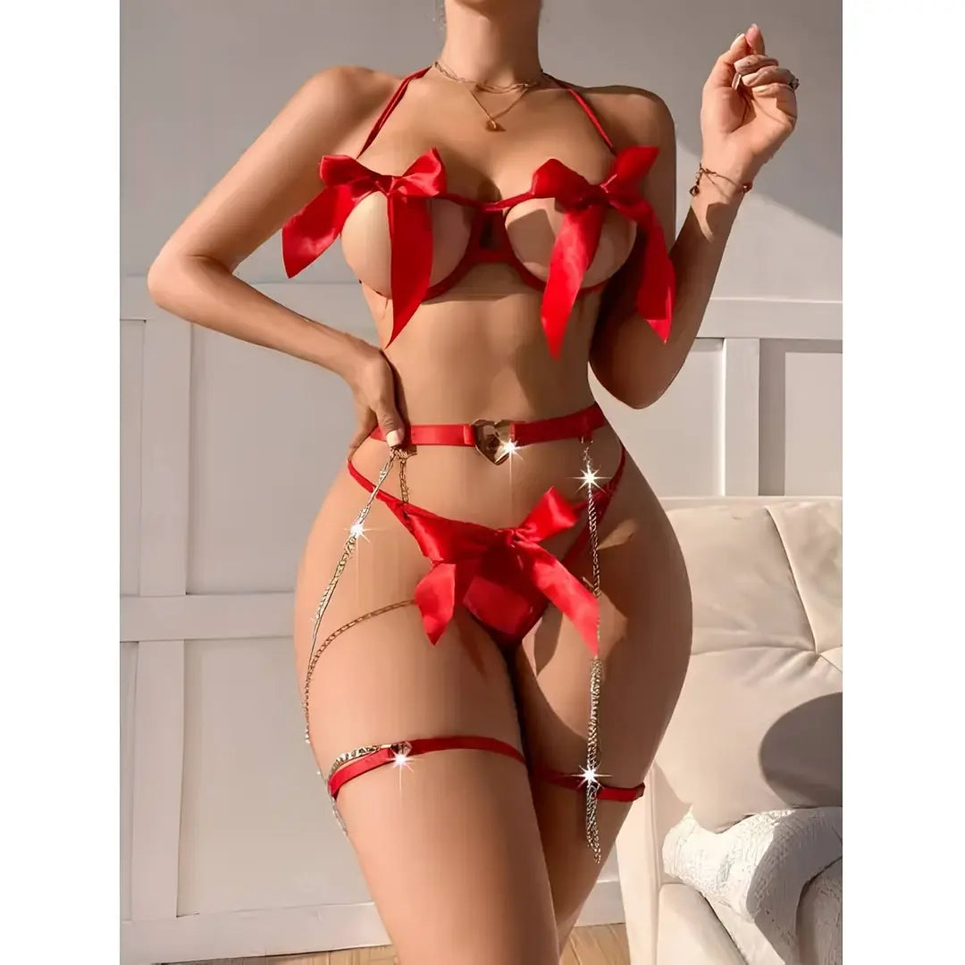 Sens Fantezi İç Giyim Kırmızı Göğüs Fiyonklu Seksi Jartiyer Takımı Kırmızı - 8801