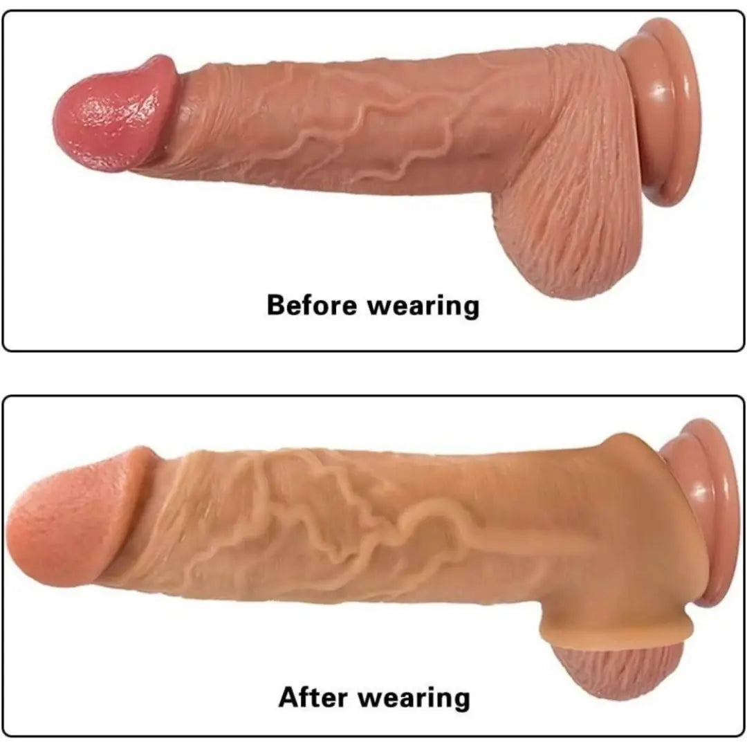 Gerçekçi Doku Penis Büyütücü ve Kalınlaştırıcı 5 CM Uzatmalı Testis Halkalı Realistik Penis Kılıfı 20 CM