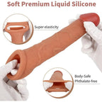 Gerçekçi Doku Penis Büyütücü ve Kalınlaştırıcı 5 CM Uzatmalı Testis Halkalı Realistik Penis Kılıfı 20 CM