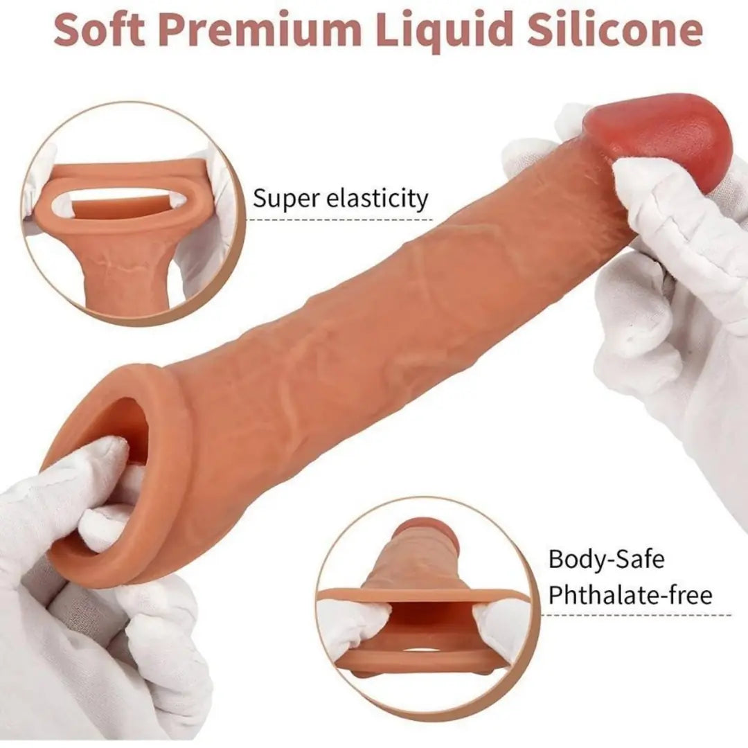 Gerçekçi Doku Penis Büyütücü ve Kalınlaştırıcı 5 CM Uzatmalı Testis Halkalı Realistik Penis Kılıfı 20 CM