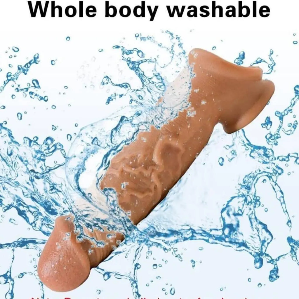 Gerçekçi Doku Penis Büyütücü ve Kalınlaştırıcı 5 CM Uzatmalı Testis Halkalı Realistik Penis Kılıfı 20 CM