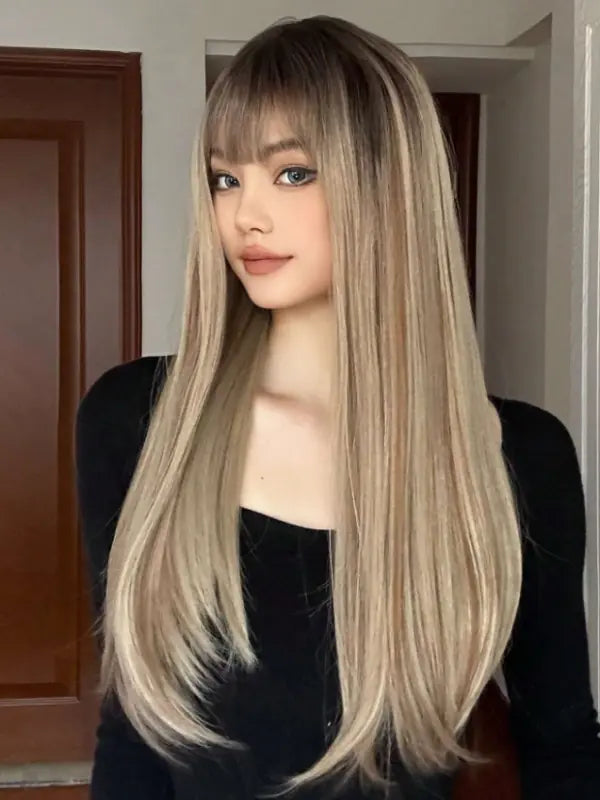 Isıya Dayanıklı Doğal Görünümlü Düz Ombre Platin Sarı Cosplay Uzun Peruk Saç