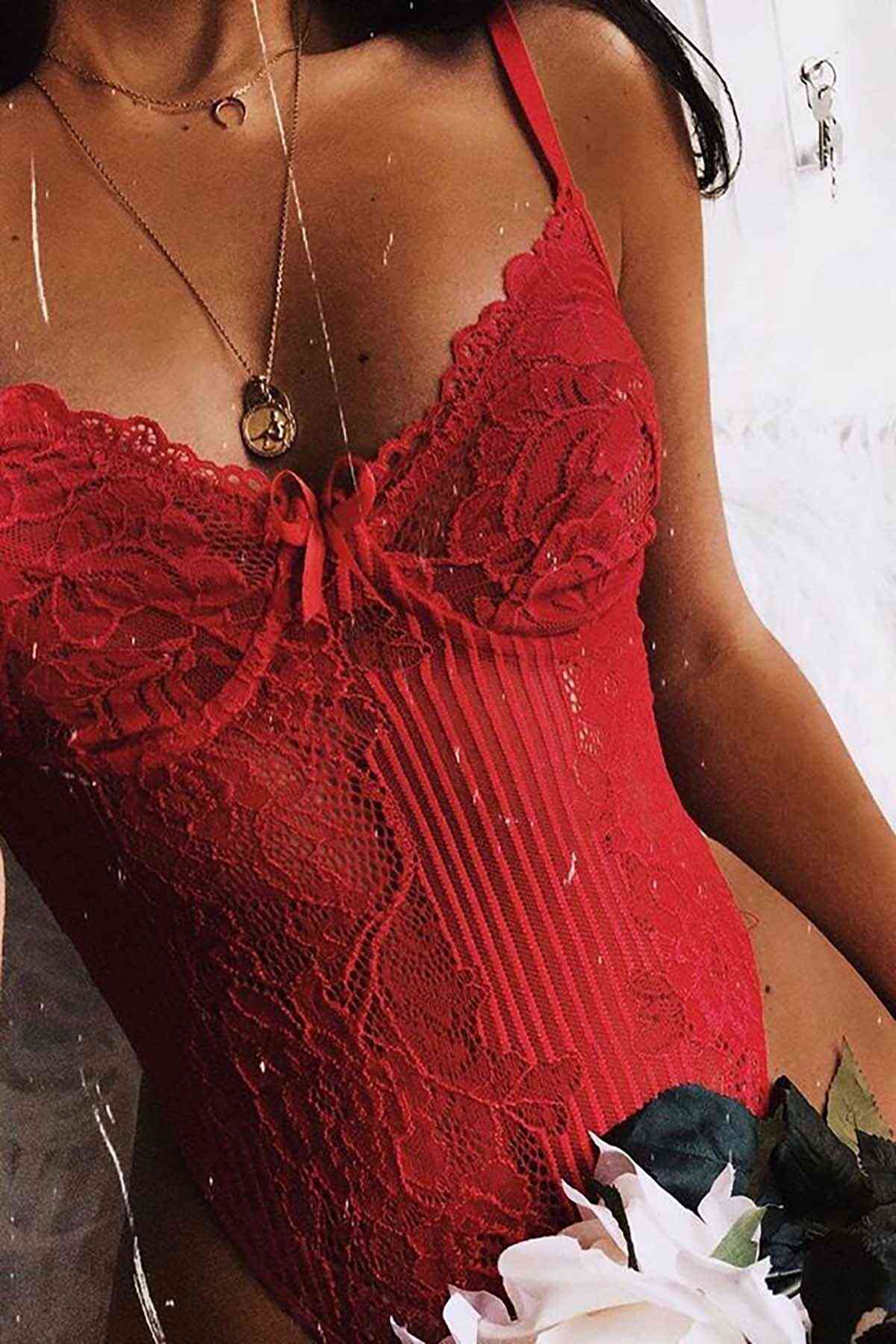 Sens Fantezi İç Giyim Askılı Dantelli Seksi Bodysuit Erotik Gecelik Kırmızı - 2517
