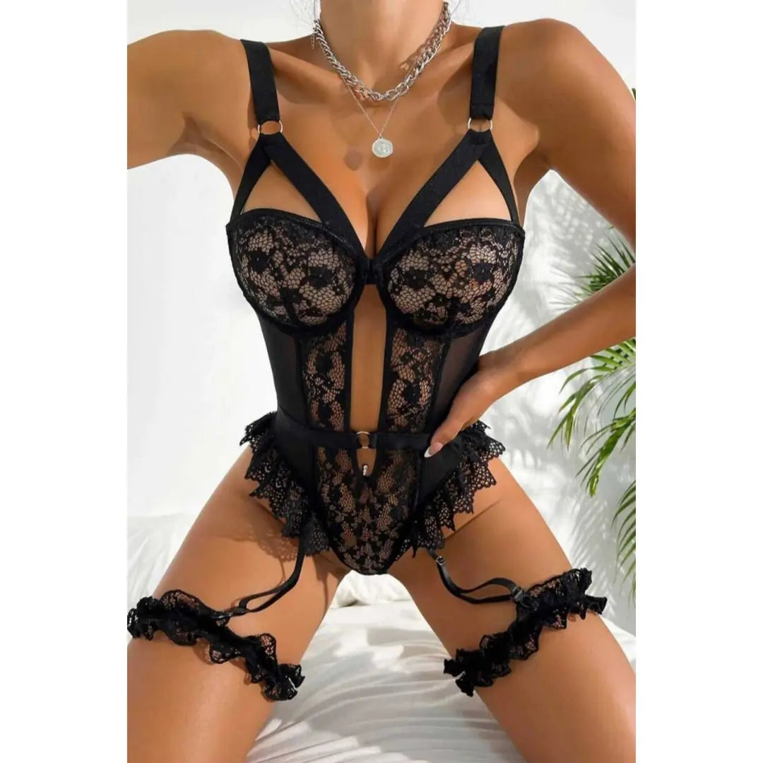 Sens Fantezi İç Giyim Dantel Transparan Belden Fırfırlı Erotik Jartiyerli Şık Tasarım Seksi Bodysuit Set Siyah - 8450
