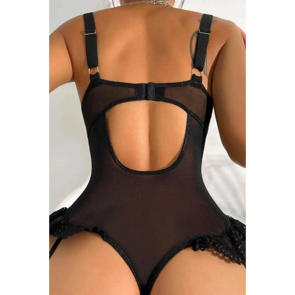 Sens Fantezi İç Giyim Dantel Transparan Belden Fırfırlı Erotik Jartiyerli Şık Tasarım Seksi Bodysuit Set Siyah - 8450