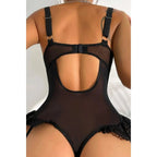 Sens Fantezi İç Giyim Dantel Transparan Belden Fırfırlı Erotik Jartiyerli Şık Tasarım Seksi Bodysuit Set Siyah - 8450