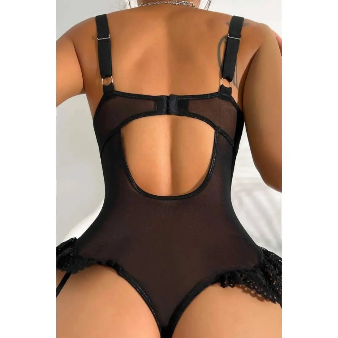 Sens Fantezi İç Giyim Dantel Transparan Belden Fırfırlı Erotik Jartiyerli Şık Tasarım Seksi Bodysuit Set Siyah - 8450
