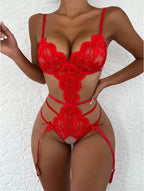 Seksi Body Kan Kırmızı Özel Bölgesi Açık Erotik Bodysuit Askılı Elbise