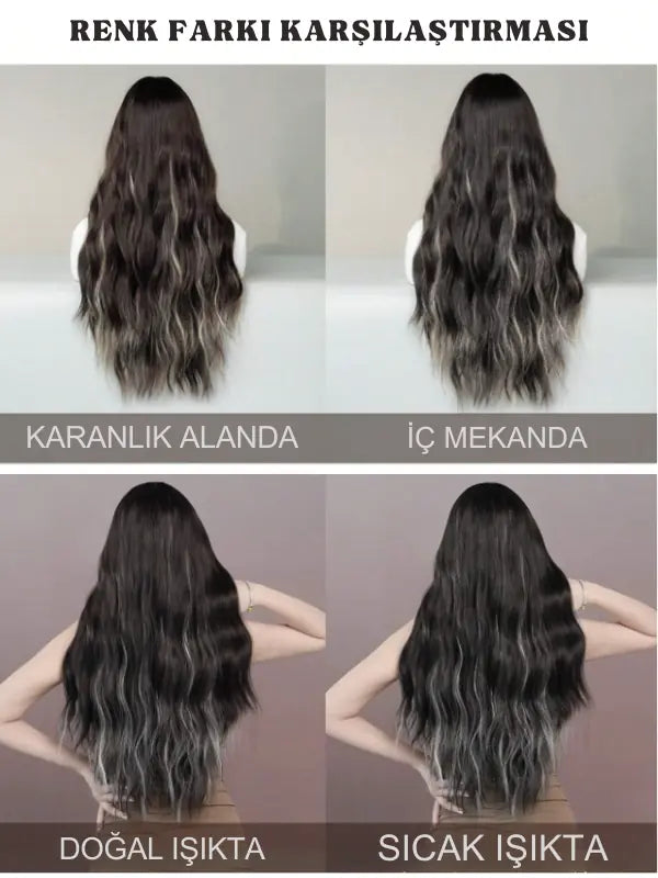 Isıya Dayanıklı Doğal Görünümlü Dalgalı Gümüş Kül-Siyah Uzun Peruk Saç