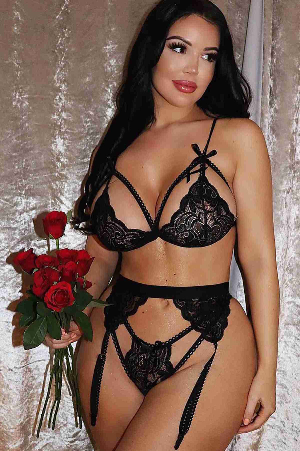 Sens Fantezi Jartiyer Set Dantel Sütyen Külot Erotik Takım Seks İç Giyim Siyah - 2674