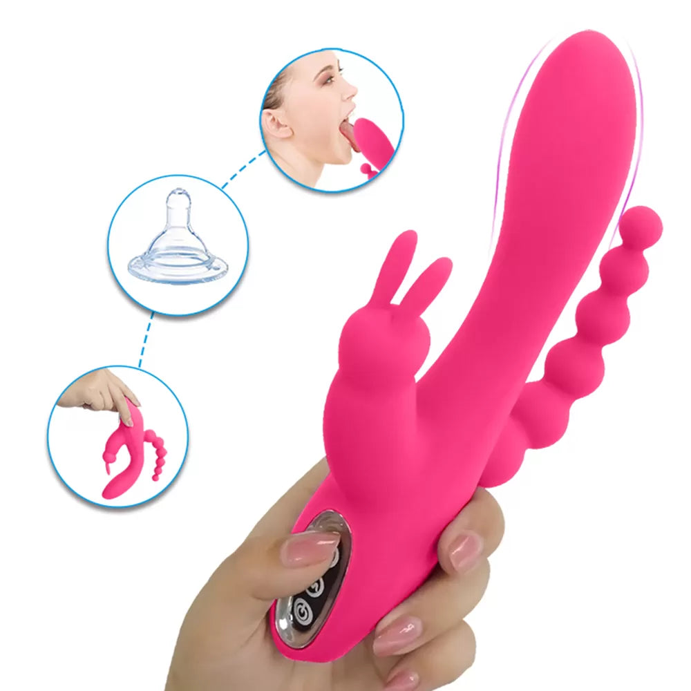 OLEY - Şarjlı Çift Motorlu Anal Vajina Klitoris Uyarıcı Üçlü Tavşan Rabbit Vibratör