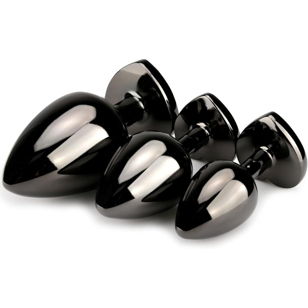 Başlangıç ve İleri Seviye Genişletmek İçin 3 Farklı Boyutta Mor Mücevher Taşlı Metal Anal Plug Eğitim Set - Siyah