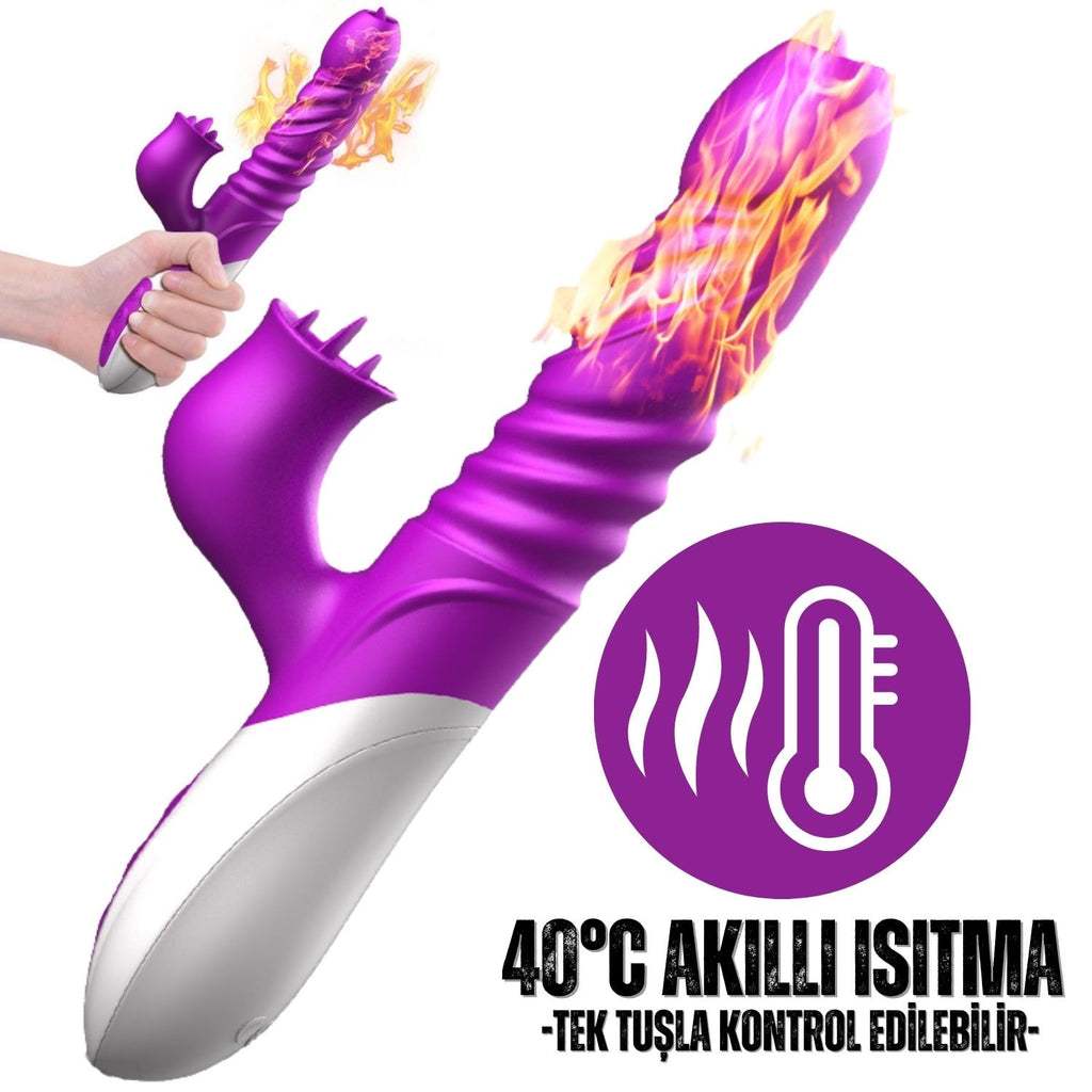 T10 - Şarjlı Akıllı Isıtmalı İleri Geri ve Dil Hareketli G-Spot ve Klitoris Uyarıcı 2 in 1 Yapay Penis Rabbit Vibratör