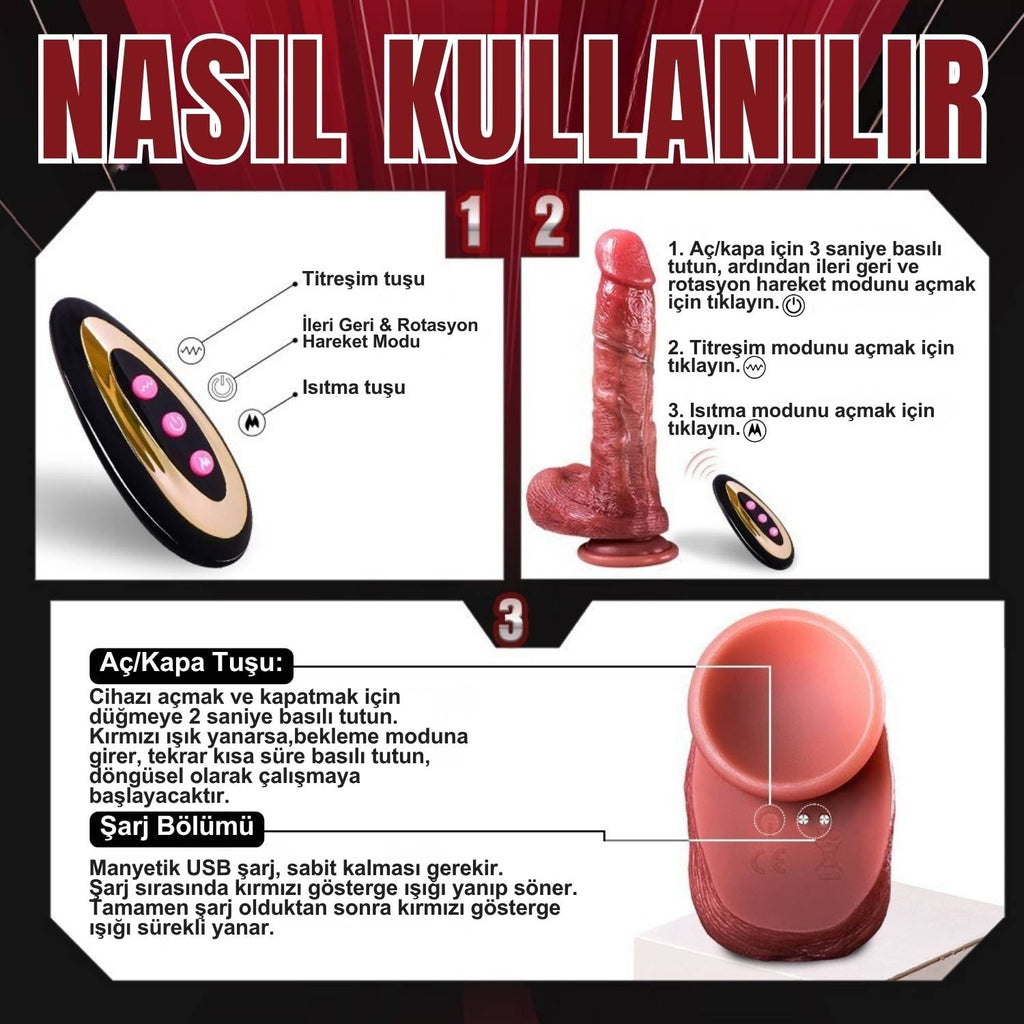 Kane - Şarjlı Kumandalı Isıtmalı Titreşimli Gerçekçi Yapay Penis İleri Geri Hareketli ve Rotasyonlu Realistik Dildo 21.5 CM