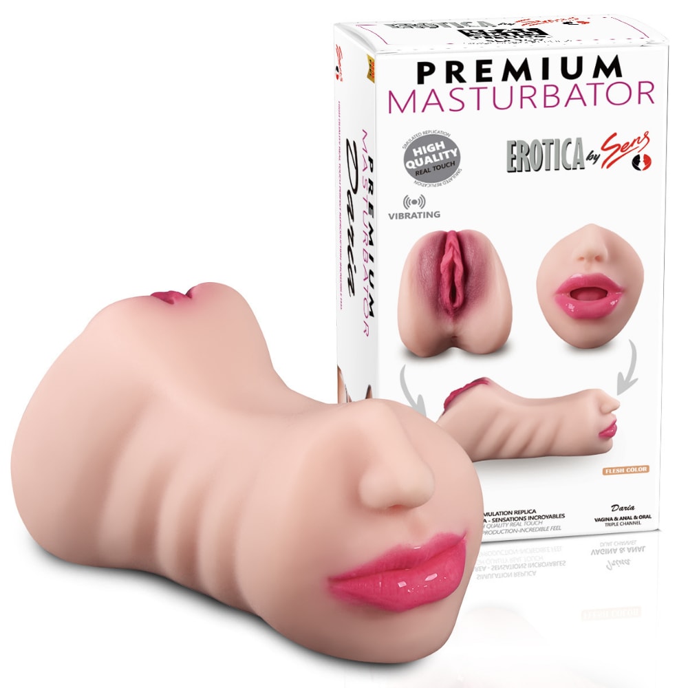 Daria - Realistik Doku Oral Anal Vajinal 3 in 1 Titreşimli Suni Vajina Mastürbatör 18 CM