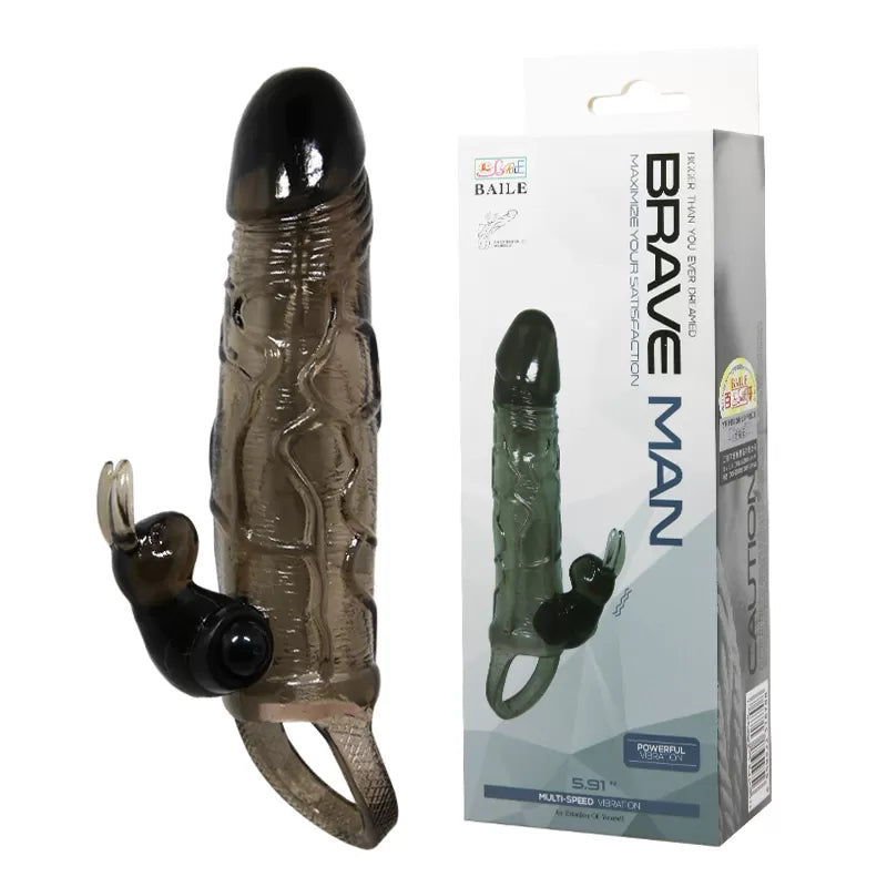 Brave Man - Uzatmalı Klitoris ve G-Spot Uyarıcı Titreşimli 2 in 1 Silikon Penis Kılıfı - Siyah