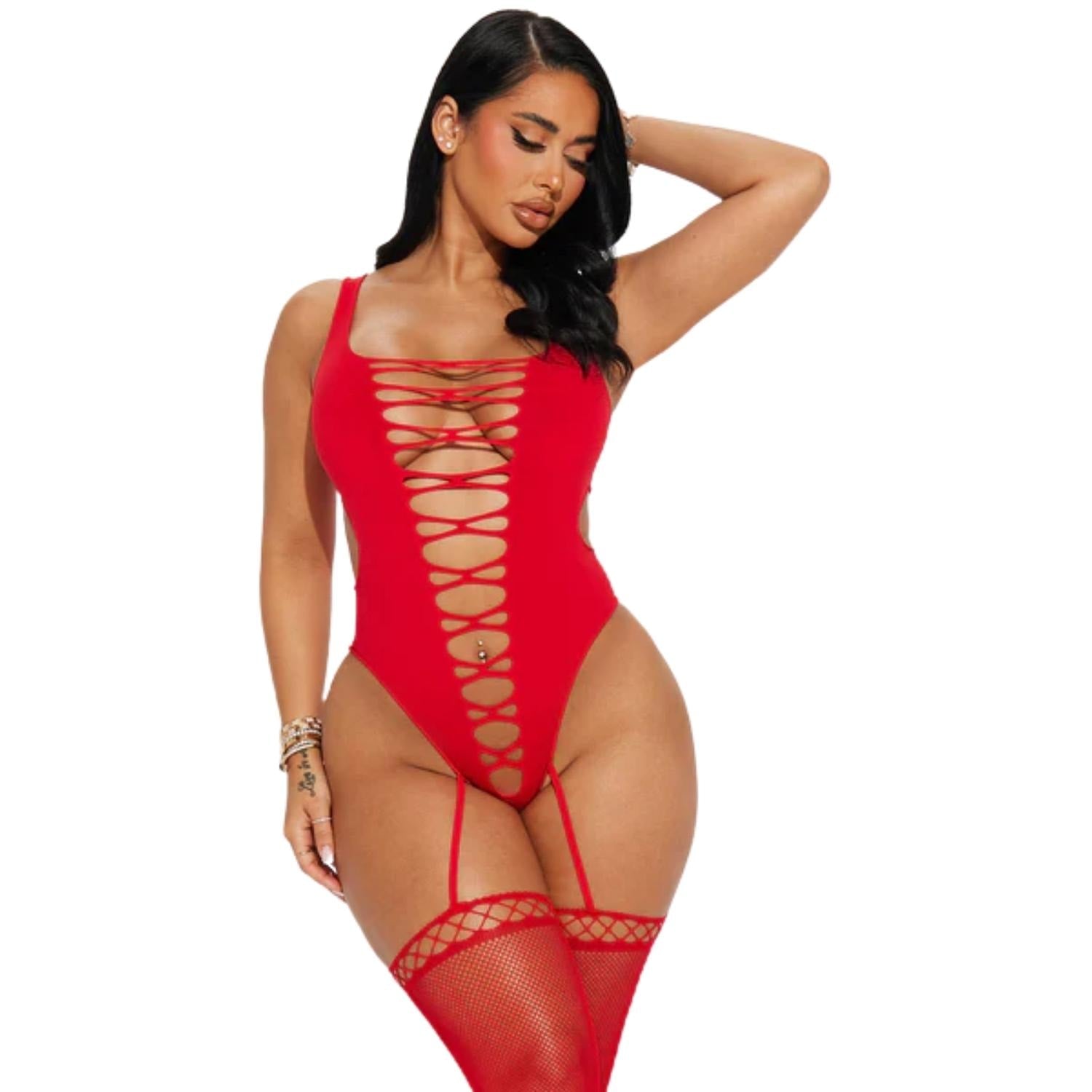 Sens Fantezi İç Giyim Askılı Şerit İpli Jartiyer Seksi Bodysuit Vücut Çorabı Kırmızı - 1080