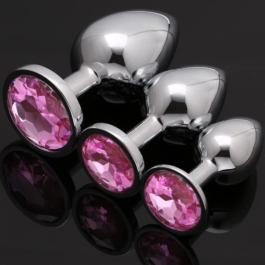 Başlangıç ve İleri Seviye Genişletmek İçin 3 Farklı Boyutta Pembe Mücevher Taşlı Metal Anal Plug Eğitim Set - Gümüş