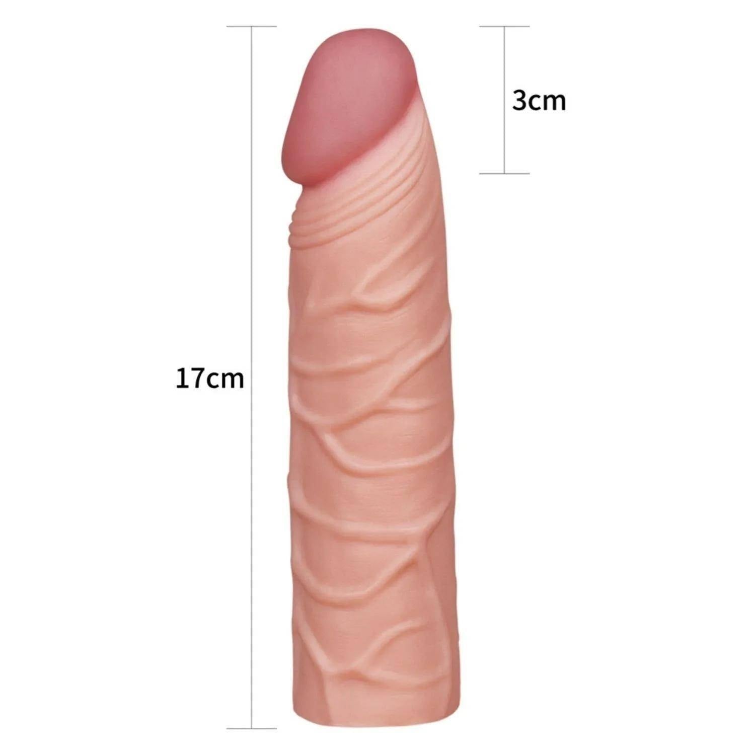 Gerçekçi Doku Penis Büyütücü ve Kalınlaştırıcı 3 CM Uzatmalı Realistik Penis Kılıfı 17 CM