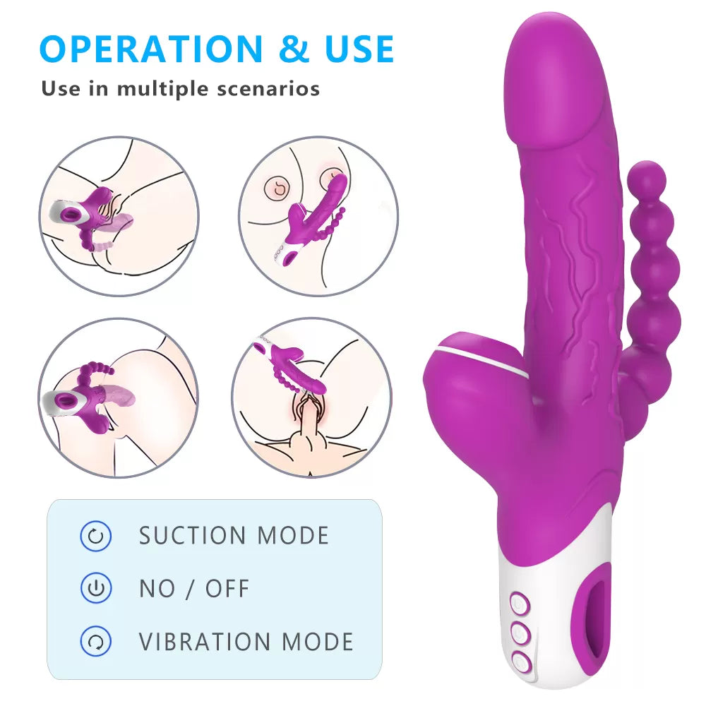 Eros -  Şarjlı Triple Anal Beads G Spot ve Klitoris Uyarıcı Güçlü Titreşimli 3 in 1 Damarlı Dildo Emiş Vibratör