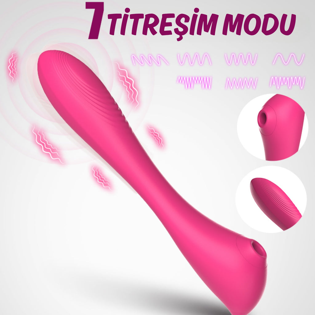 Otomatik Isıtmalı Kıkırdaklı Bükülebilir Klitoris Emiş Güçlü ve G-Spot Uyarıcı Titreşimli 2 in 1 Vibratör