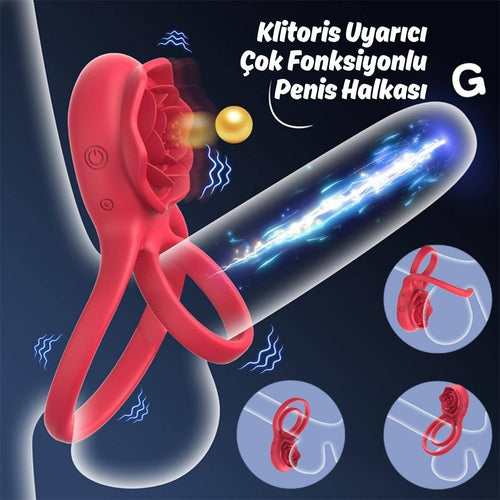 Barry RCT - Şarjlı Kablosuz Uzaktan Kumandalı Gül Tasarımlı Klitoris Uyarıcı Titreşimli Testis ve Penis Halkası