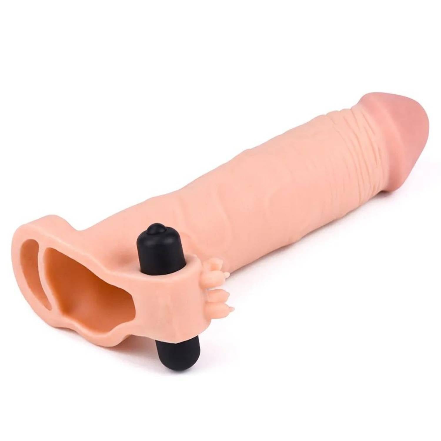 Gerçekçi Doku Penis Büyütücü Kalınlaştırıcı 7.5 CM Uzatmalı Klitoris Uyarıcı Titreşimli Realistik Penis Kılıfı 20 CM