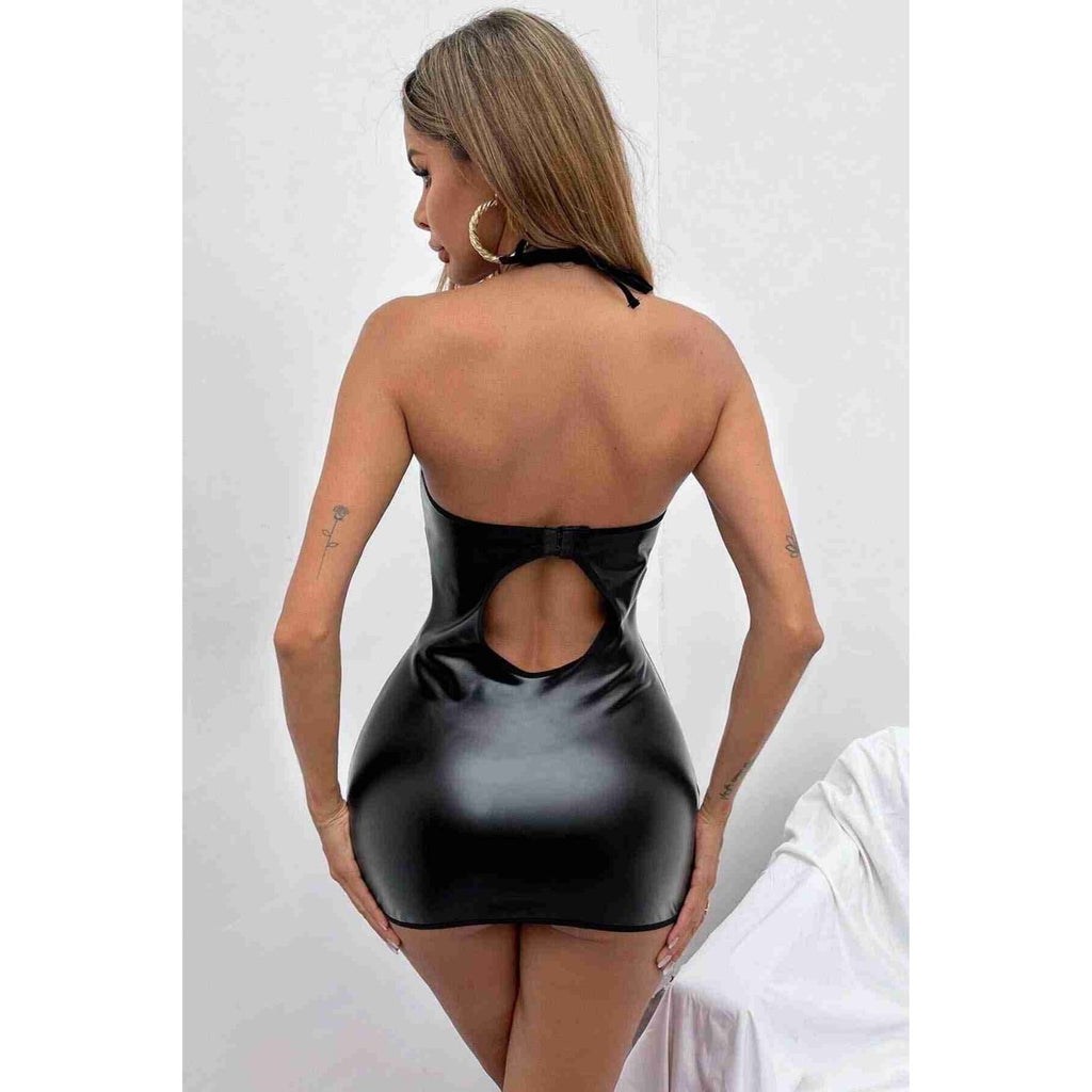 Sens Fantezi İç Giyim Sırt Önü Açık Askılı Seksi Deri Mini Elbise Siyah - 9152