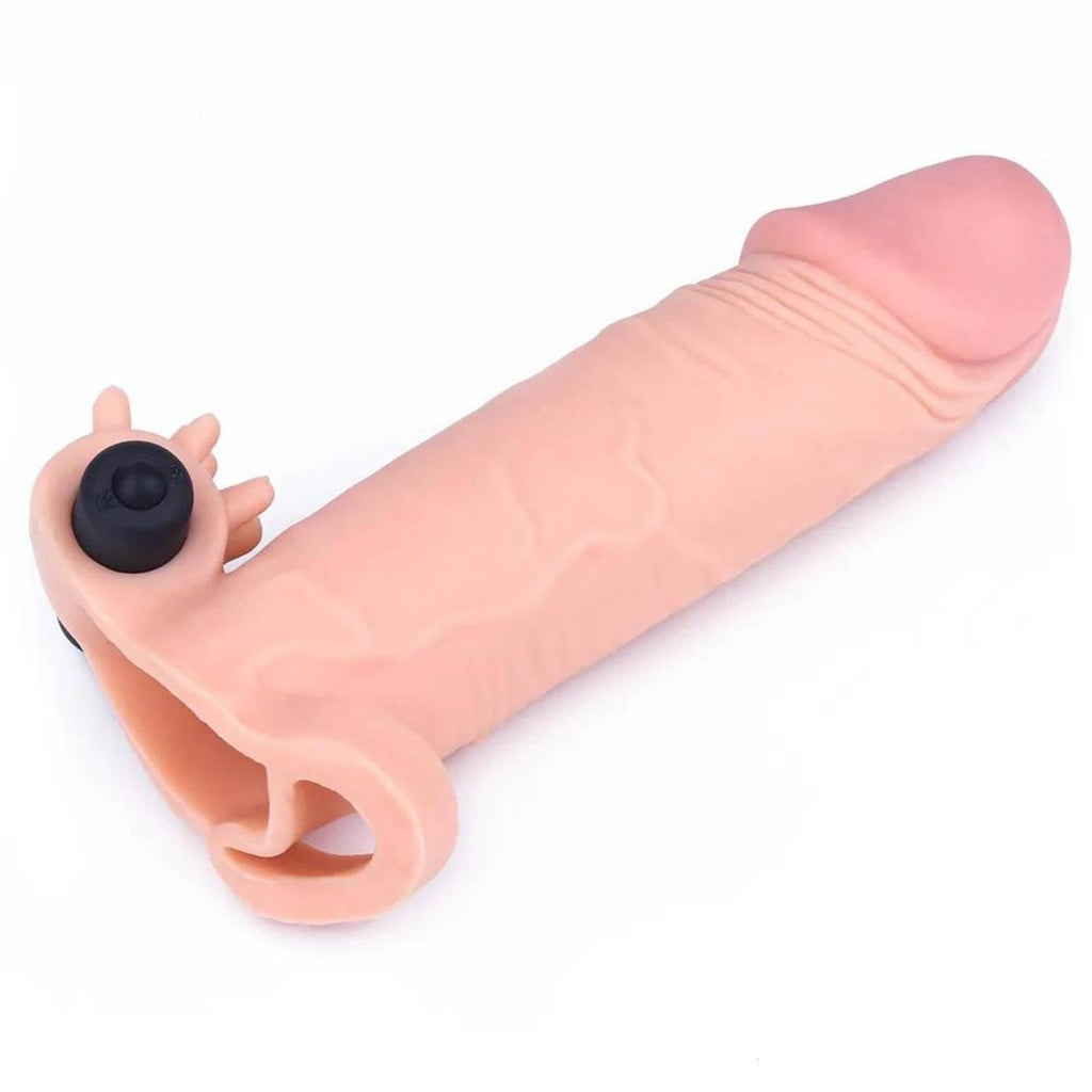 Gerçekçi Doku Penis Büyütücü Kalınlaştırıcı 5 CM Uzatmalı Klitoris Uyarıcı Titreşimli Realistik Penis Kılıfı 17 CM