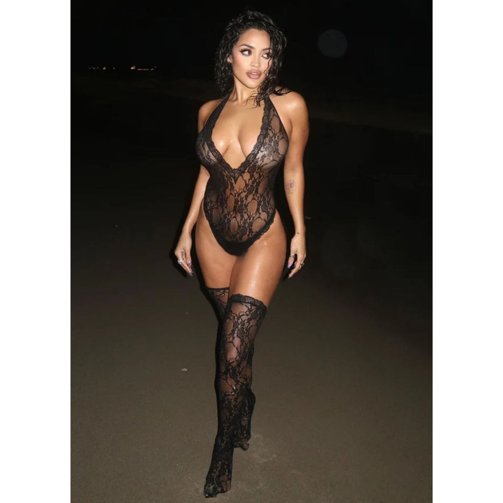 Sens Fantezi İç Giyim Seksi Dantel Çoraplı Erotik Bodysuit Siyah - 79202
