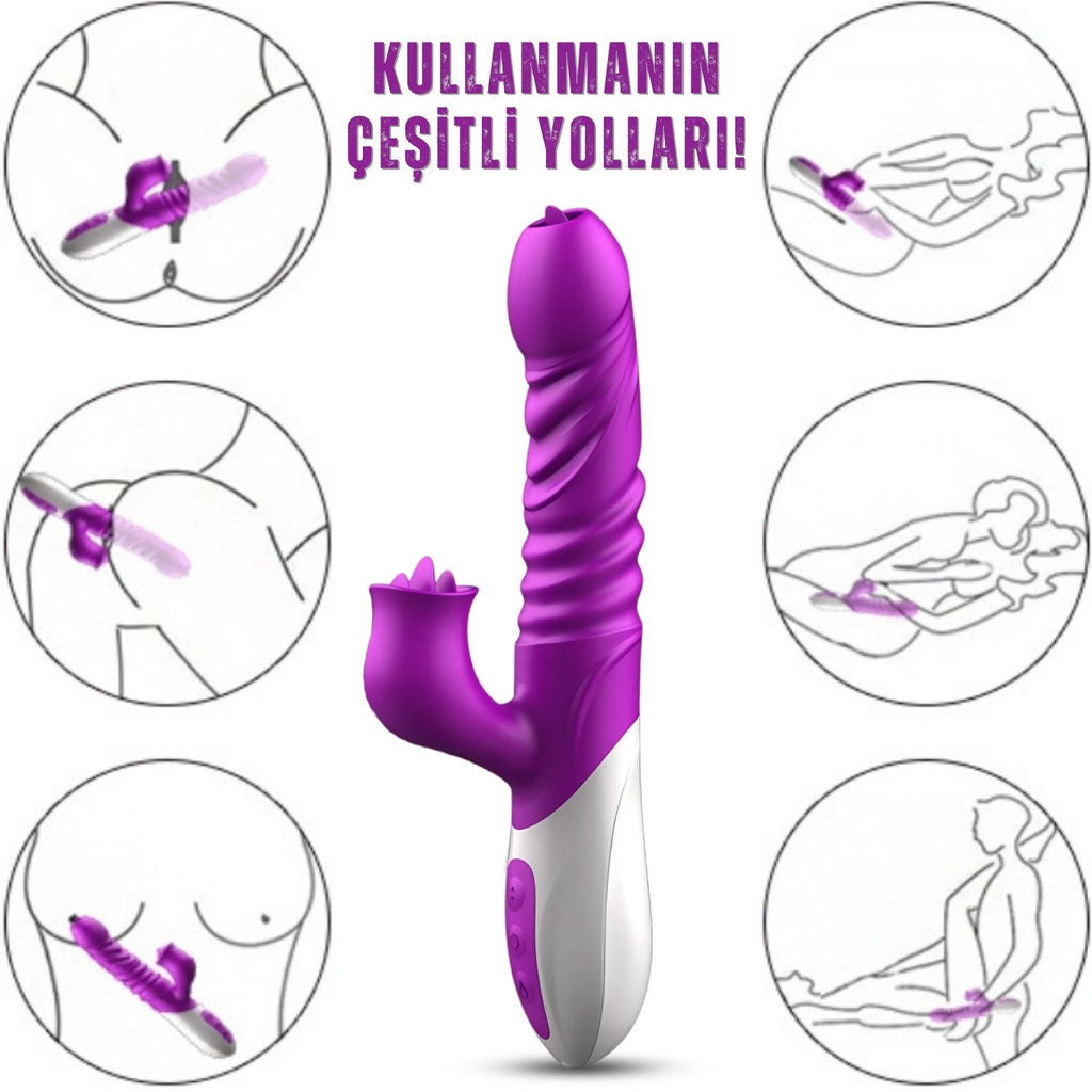 T10 - Şarjlı Akıllı Isıtmalı İleri Geri ve Dil Hareketli G-Spot ve Klitoris Uyarıcı 2 in 1 Yapay Penis Rabbit Vibratör