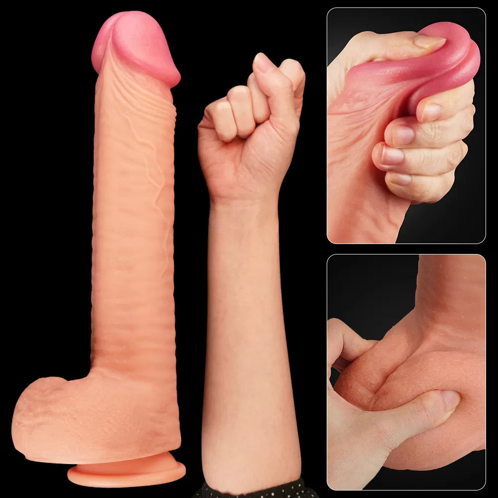 Çift Katmanlı Yumuşak Doku Büyük Boy Realistik Dildo Silikon Gerçekçi Yapay Penis 31x5.3 CM
