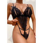 Fantezi İç Giyim Seksi İç Çamaşırı Dantel Fiyonklu İp Detaylı Bodysuit Erotik Gecelik Siyah - 8457