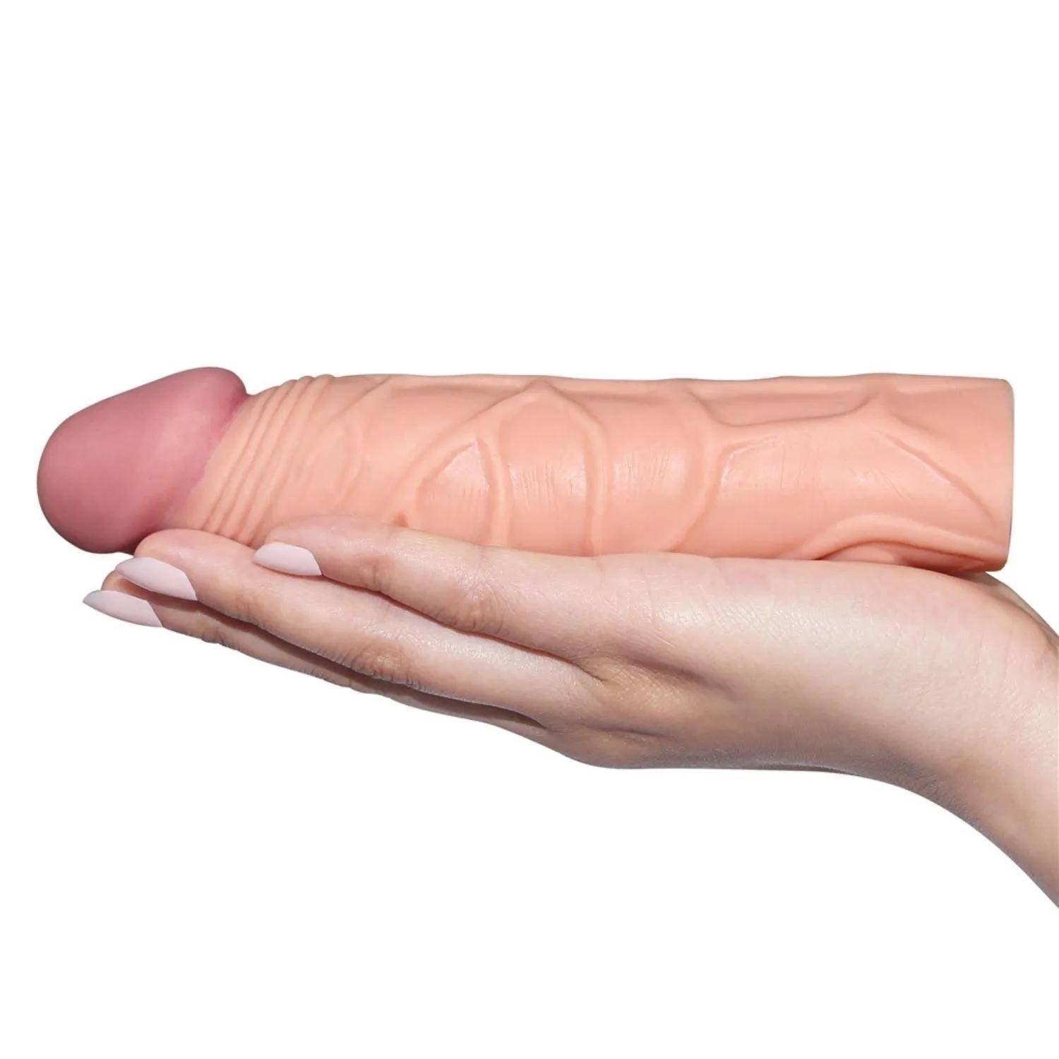 Gerçekçi Doku Penis Büyütücü ve Kalınlaştırıcı 3 CM Uzatmalı Realistik Penis Kılıfı 17 CM