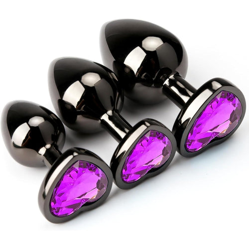 Başlangıç ve İleri Seviye Genişletmek İçin 3 Farklı Boyutta Mor Mücevher Taşlı Metal Anal Plug Eğitim Set - Siyah