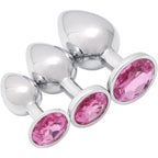 Başlangıç ve İleri Seviye Genişletmek İçin 3 Farklı Boyutta Pembe Mücevher Taşlı Metal Anal Plug Eğitim Set - Gümüş