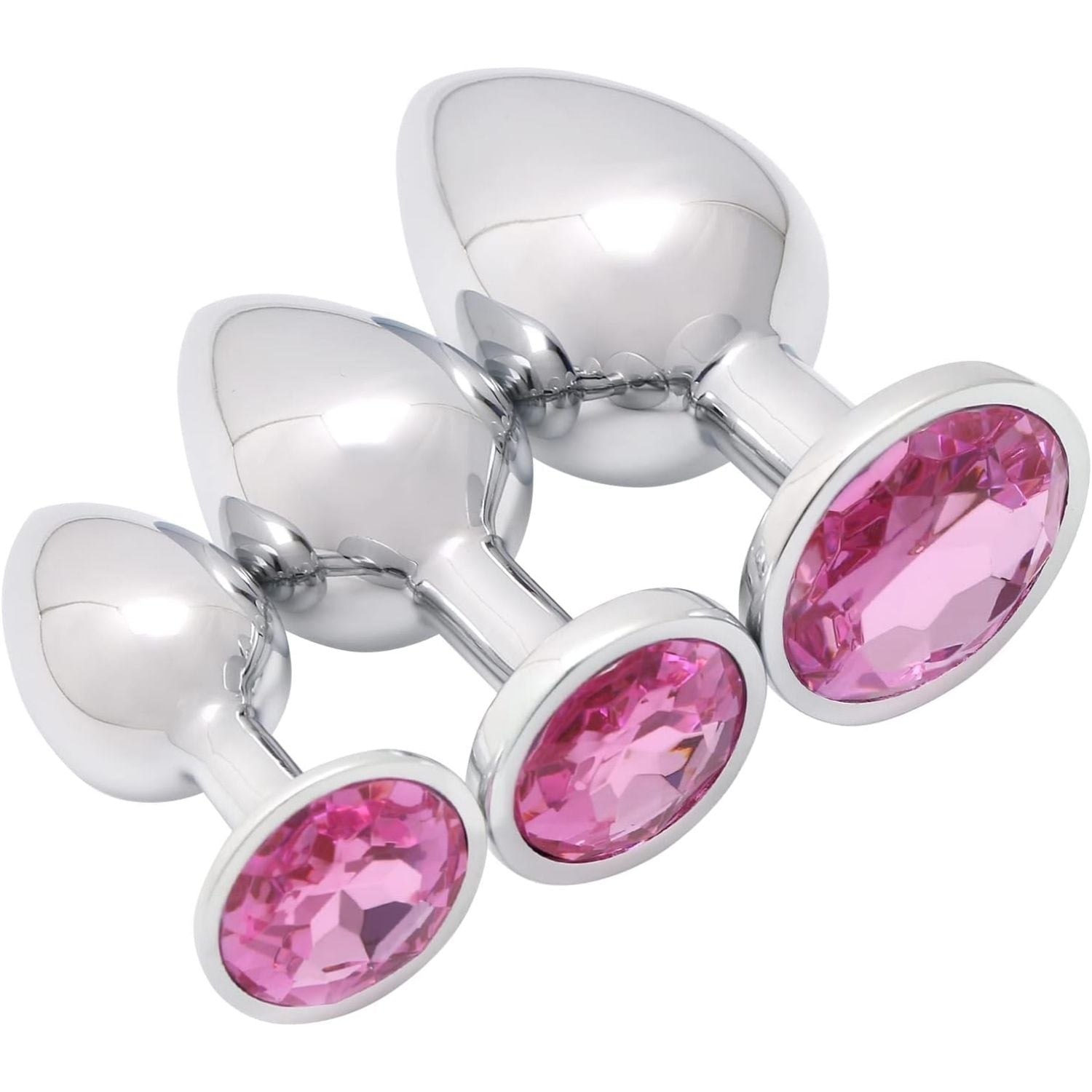 Başlangıç ve İleri Seviye Genişletmek İçin 3 Farklı Boyutta Pembe Mücevher Taşlı Metal Anal Plug Eğitim Set - Gümüş